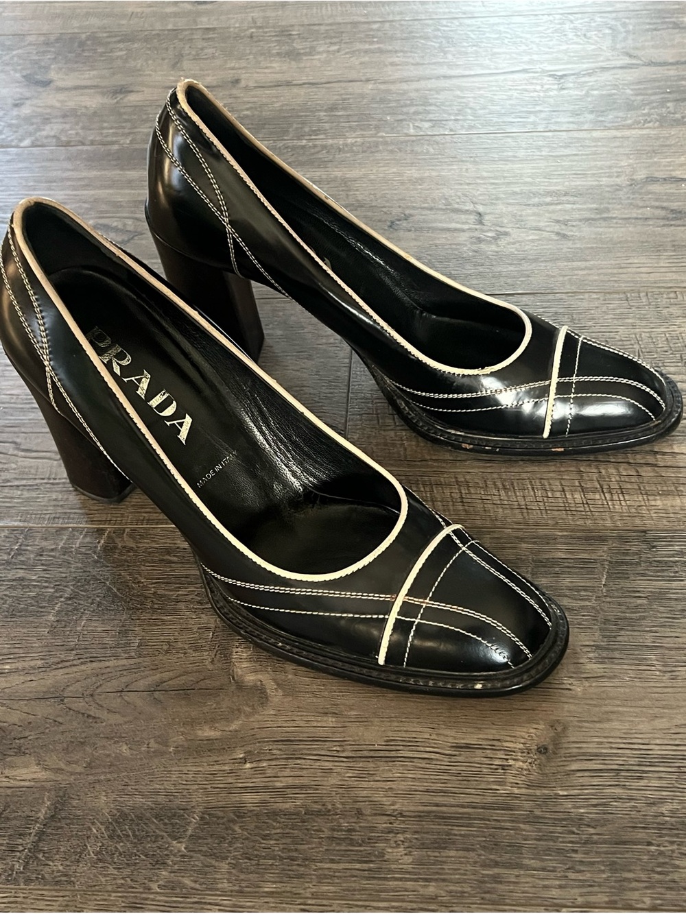 Prada Black Leather Block Heel Pumps with Cream Trim
